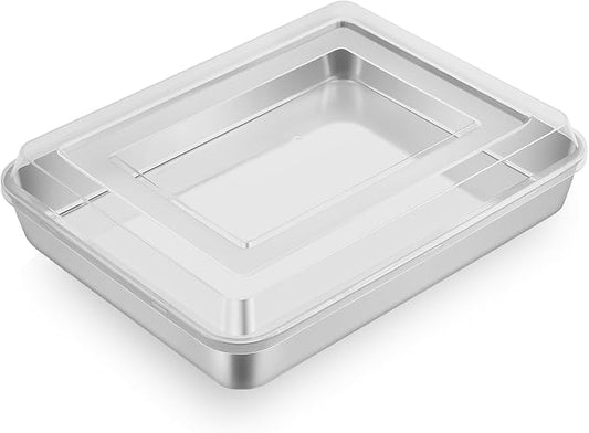 Leonyo 12⅓ x 9¾ x 2 Inch Baking Pan with Lid, Stainless Steel Cake Pan for Baking, Refrige & Oven Safe Rectangular Deep Lasagna Pan Tray for Focaccia, Bread, Brownies, Casseroles