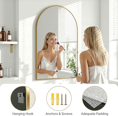 Antok Arched Bathroom Mirror, 26"x38" Wall Mounted Mirror, Vanity Mirrors for Over Sink, Aluminum Alloy Frame Bathroom Mirrors Living Room, Bedroom and Entryway, Gold