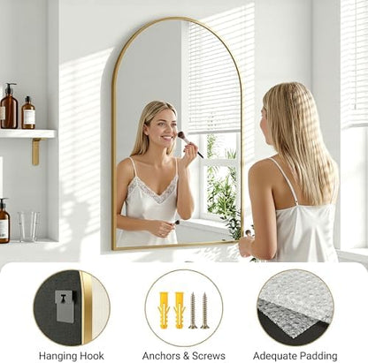 Antok Arched Bathroom Mirror, 26"x38" Wall Mounted Mirror, Vanity Mirrors for Over Sink, Aluminum Alloy Frame Bathroom Mirrors Living Room, Bedroom and Entryway, Gold
