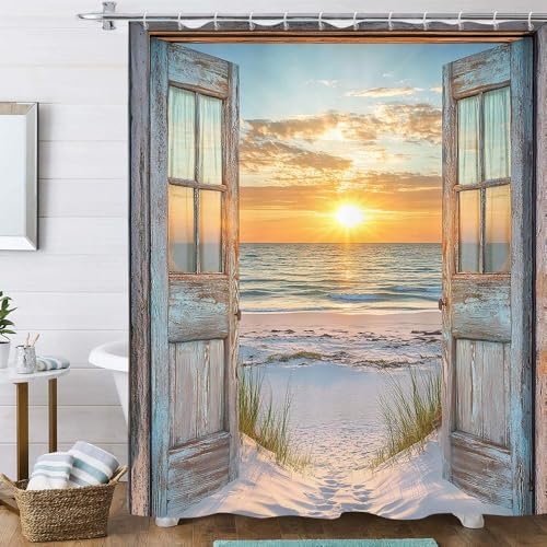 Beach Coastal Shower Curtain, Ocean Barn Door Nautical Sunrise Seaside Seascape Wave Decor Bath Curtains, Rustic Wood Teal Turquoise Bathroom Accessories Fabric Waterproof with Hooks, 72X72in