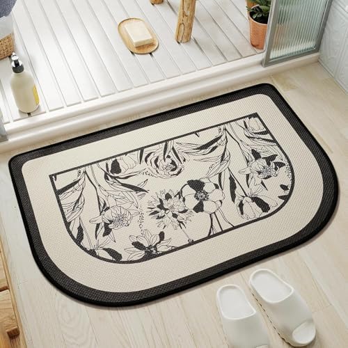 YDKGL Half Circle Bath Mat, Non Slip Thin Bathroom Rugs, Black 24x35