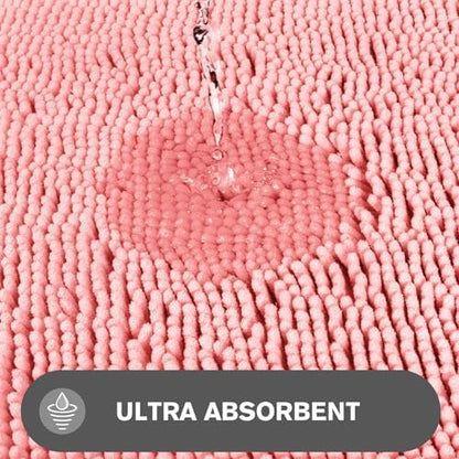 Bathroom Rugs Sets 2 Piece – Absorbent and Washable Bath Mat, Non-Slip, Thick Soft Chenille Bath Rugs for Bathroom Floor, Shower, Sink(17" x 24"+17" x 47", Pink)