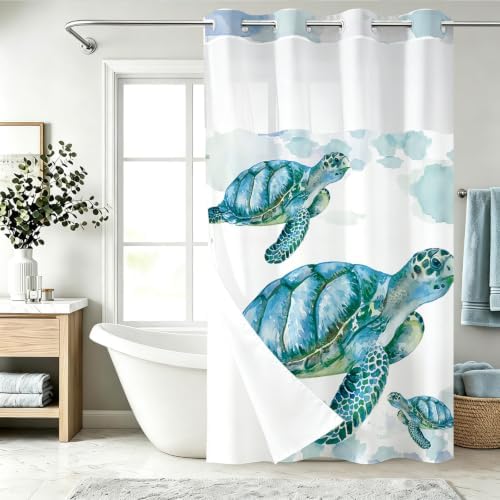 Beach Nautical Sea Turtle Theme No Hook Waffle Weave Shower Curtain with Snap in Liner Nautical Beach Bathroom Blue Ocean Decor Set 60 W x 74 H Inch Teal