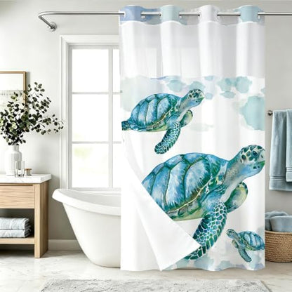 Beach Nautical Sea Turtle Theme No Hook Waffle Weave Shower Curtain with Snap in Liner Nautical Beach Bathroom Blue Ocean Decor Set 60 W x 74 H Inch Teal