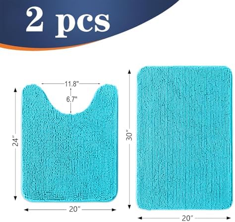 OLANLY Chenille Bathroom Rugs Mats Sets 2 Piece, 30"x20"+24"x20", Aqua Sky