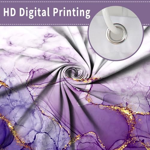 Marble Shower Curtain, Ombre Purple Gold Ink Shower Curtains for Bathroom, Modern Abstract Aesthetic Bathtub Decor Waterproof Fabric Watercolor Bath Curtain Set with Hooks 48x72 inch