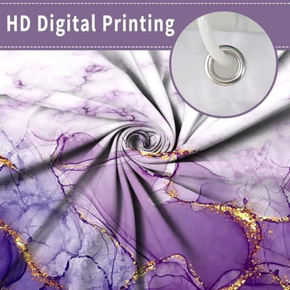 Marble Shower Curtain, Ombre Purple Gold Ink Shower Curtains for Bathroom, Modern Abstract Aesthetic Bathtub Decor Waterproof Fabric Watercolor Bath Curtain Set with Hooks 66x72 inch