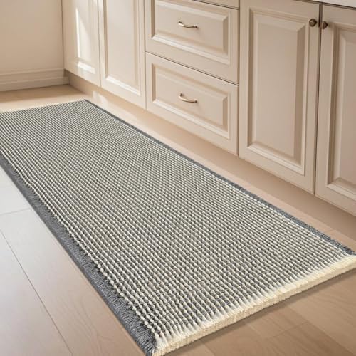 Extra Large Waffle Bath Mat Grey & Beige 6'x2'(72" x 24"), Boho Woven Modern Bath Mat Rugs, Absorbent Non Slip Bathroom Rugs, Soft Washable Bath Rugs with Tassels for Bedroom, Kitchen, Shower, Tub