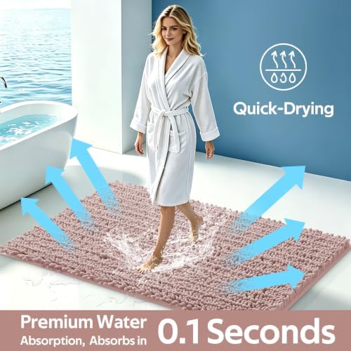 ACCUMTEK Upgrade Luxury 2 Piece Dusty Pink Toilet Bathroom Rug Mat 60"x20"+32"x20", Ultra Soft Thick Absorbent Bath Mats, Non Slip Chenille Toilet Mat for Bathroom, Bedroom, Kitchen, Shower, Tub