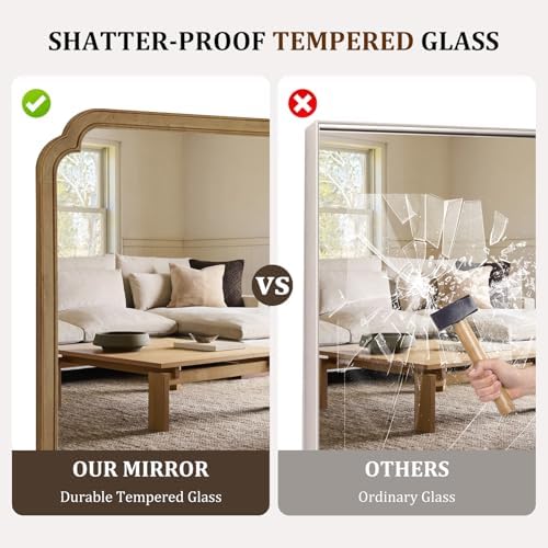 WallBeyond 36" x 48" Wood Bathroom Mirror for Wall Mounted, Rustic Rounded Corner Wood Frame Wall Mirror for Entryway, Living Room or Bedroom Home Decorative, Natural