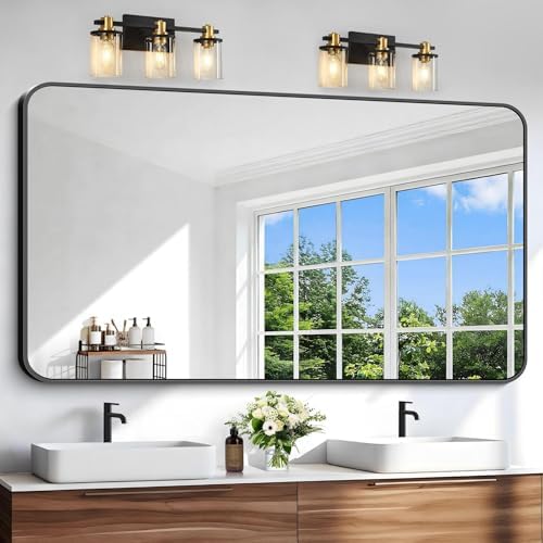 Black Bathroom Mirror, 66x36 inch Aluminum Metal Frame Rectangular Vanity Mirror, Large Wall Mounted Rectangle Mirrors with Rounded Corner for Over Sink Bedroom Living Room Horizontal/Vertical