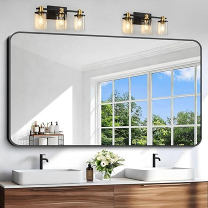 Black Bathroom Mirror, 66x36 inch Aluminum Metal Frame Rectangular Vanity Mirror, Large Wall Mounted Rectangle Mirrors with Rounded Corner for Over Sink Bedroom Living Room Horizontal/Vertical