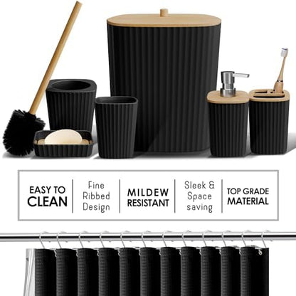 Clara Clark Bathroom Accessories Set - 27PC Bathroom Set with Adhesive Corner Shower Caddy Hanging, Bathroom Sets with Shower Curtain and Rugs, Ombre Black Shower Curtain Set with Bathroom Trash Can