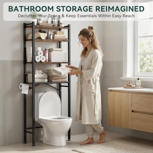 GloTika 4-Tier Over The Toilet Storage, Anti-Tilt, 69.3" H, Black Brown