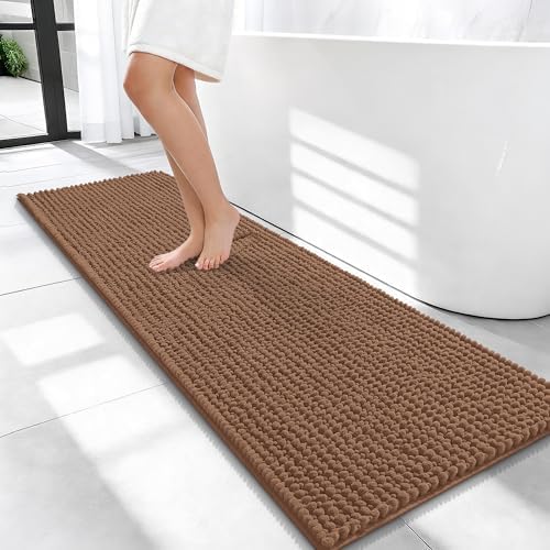 OLANLY Thick Chenille Bathroom Runner Rugs 47x17, Absorbent Bath Mat, Mocha