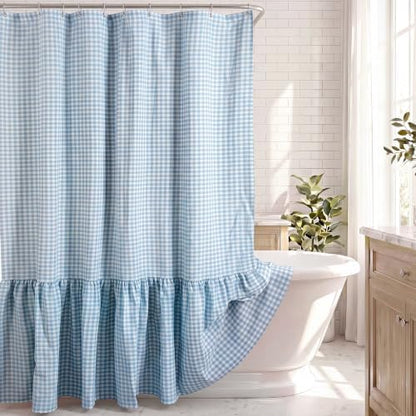HunnmingRe Ruffle Hem Gingham Shower Curtain Light Blue