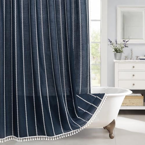 Boho Farmhouse Tassel Linen Shower Curtain,3D Embroidery Stripe Navy,72x96