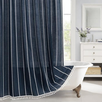 Boho Farmhouse Tassel Linen Shower Curtain,3D Embroidery Stripe Navy,72x96