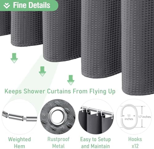Dynamene Long Waffle Shower Curtain 256GSM Heavy Fabric 72x80 Charcoal Grey
