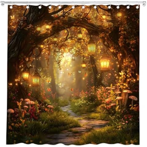Fantasy Forest Path Shower Curtain Fall Fairy Magical Enchanted Misty Jungle Mushroom Floral Tree Butterfly Lantern Wonderland Bath Curtain Fabric Bathroom Accessories Decor with Hooks 90W x70L