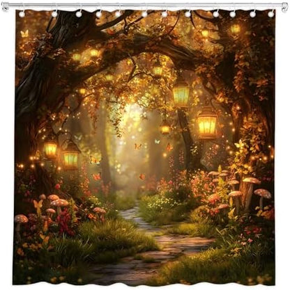 Fantasy Forest Path Shower Curtain Fall Fairy Magical Enchanted Misty Jungle Mushroom Floral Tree Butterfly Lantern Wonderland Bath Curtain Fabric Bathroom Accessories Decor with Hooks 90W x70L