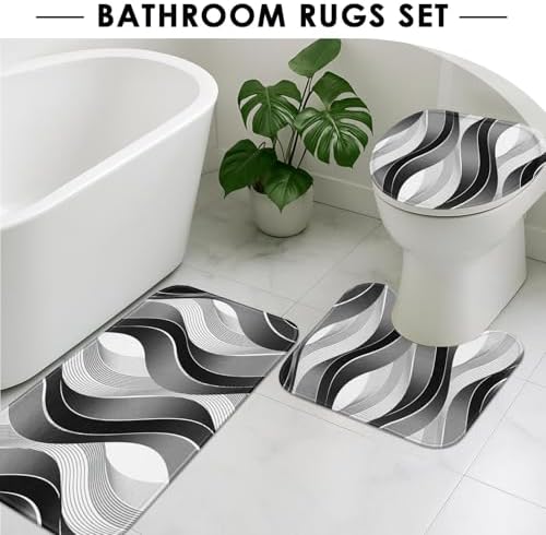 Bathroom Sets with Shower Curtain and Rugs, 4 Pcs Geometric Stripes