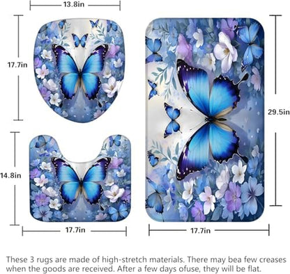Chrainy 4pcs Blue Butterfly Shower Cutain Set Bathroom Decor with Rugs