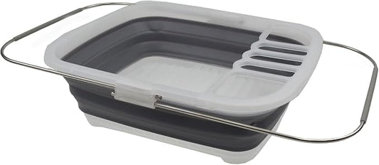SAMMART 8L (2.11Gallons) Expandable Collapsible Plastic Dish Drainer - Foldable Drying Rack - Portable Dinnerware Organizer - Space Saving Storage Tray for Kitchen, Camping (Transparent/Grey, 1)