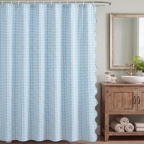 HunnmingRe Scalloped Gingham Shower Curtain Light Blue