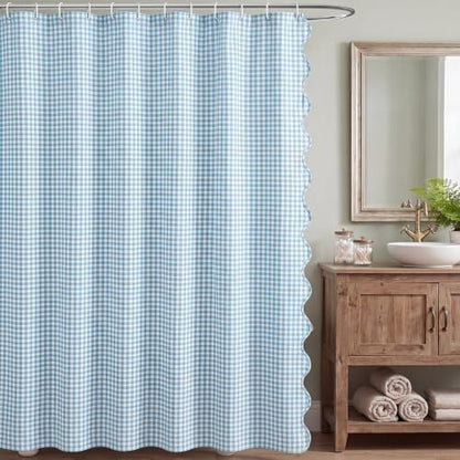 HunnmingRe Scalloped Gingham Shower Curtain Light Blue
