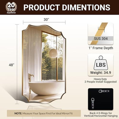 ANDY STAR 30x48 Inch Gold Bathroom Mirror, Large Brushed Gold Rectangle Mirror, Antique Brass Mirror in Rust-Proof Stainless Steel 1" Frame, Unique Wavy Frame Design, Vertically/Horizontally
