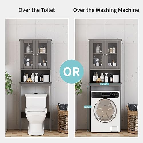 Shintenchi Over the Toilet Storage Cabinet, Bathroom Shelf Organizer with Anti-Tip Device Small Freestanding Space Saver with Adjustable Shelf and Glass Door, Gray