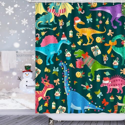 Shower Curtain Christmas, Green Kids Shower Curtain Santa's Hat Dinosaur Party Gift Box Cake Candy Jingling Bell String Light Xmas Theme Machine Wash Home Farmhouse Waterproof Decor Bathroom Curtain