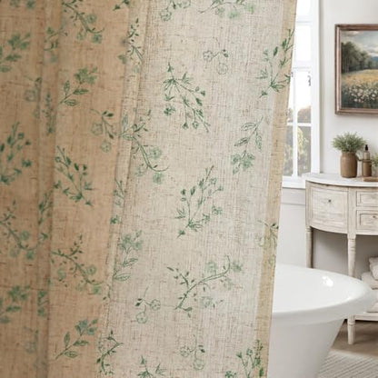Sage Green Floral Farmhouse French Vintage Linen Shower Curtain 72Wx84H