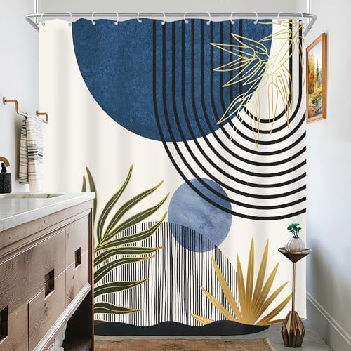 Mid Century Blue Green Boho Abstract Modern Bathroom Shower Curtain Set