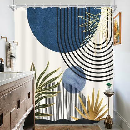 Mid Century Blue Green Boho Abstract Modern Bathroom Shower Curtain Set