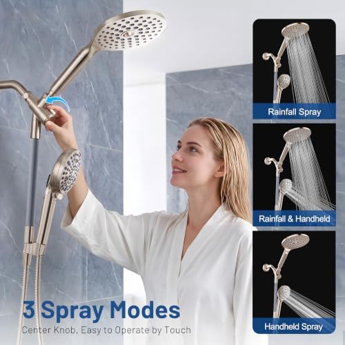 MakeFit Dual Filtered Rain Shower Head Combo, High Pressure Handheld Shower Head with Adjustable Bar - Rainfall Shower Head And Showerhead with Filter for Hard Water - Removes Chlorine(Brushed Nickel)