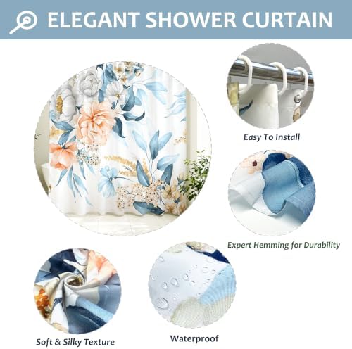 Floral Flower Fabric Shower Curtain with 12 Hooks, 120GSM, 72x72