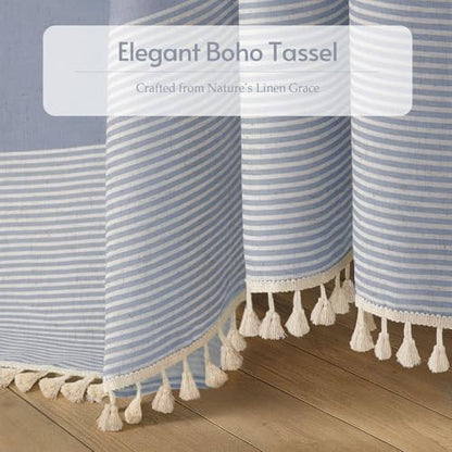 Light Blue Coastal Ocean Linen Striped Shower Curtain with Tassel 72W X 72L