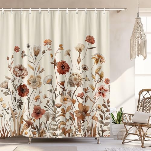 Vintage Boho Beige Floral Shower Curtain, Brown Cream Tan Rustic Farmhouse Flower Shower Curtain Set, Cute Botanical Wlidflowers Fabric Shower Curtains Decoration, 72X72 Aesthetic Bathroom Accessories