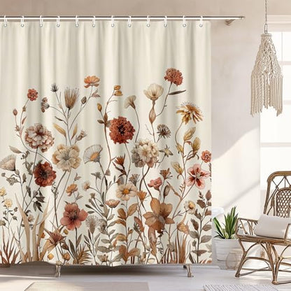 Vintage Boho Beige Floral Shower Curtain, Brown Cream Tan Rustic Farmhouse Flower Shower Curtain Set, Cute Botanical Wlidflowers Fabric Shower Curtains Decoration, 72X72 Aesthetic Bathroom Accessories