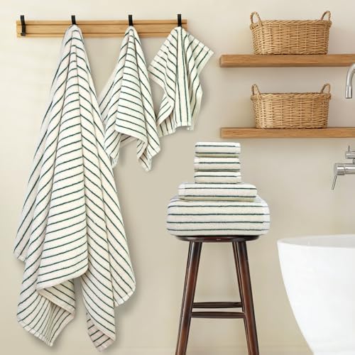 8 Piece Green Towel Set, Super Soft & Absorbent Cotton Striped Towels