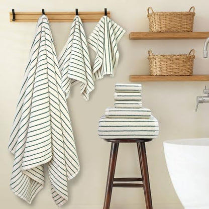 8 Piece Green Towel Set, Super Soft & Absorbent Cotton Striped Towels