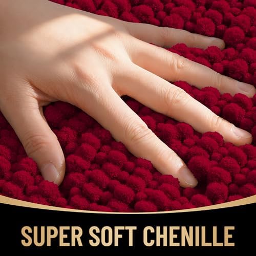 OLANLY Thick Chenille Bathroom Runner Rugs 44x24, Absorbent Bath Mat, Red