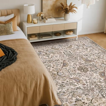 Traditional Oriental 5x8 Floor Rugs for Living Room, Washable Floral Area Rug for Dining Room Under Table, Low Pile Soft Bedroom Carpet, Vintage Brown Taupe Design, Boho Home Décor
