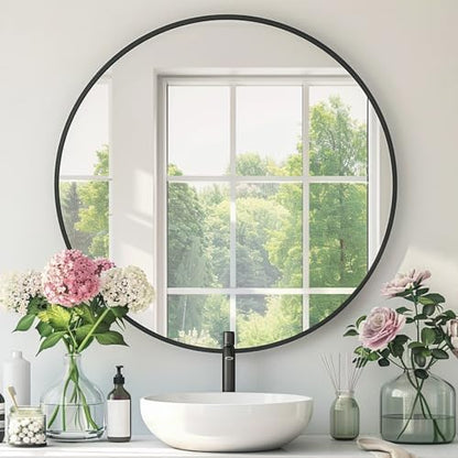 Round Black Mirror 28 Inch, Matte Black Frame, Large Circle Mirror