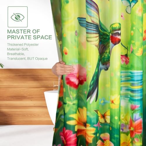 Floral Hummingbird Shower Curtain for Bathroom with Hooks Green 72x72