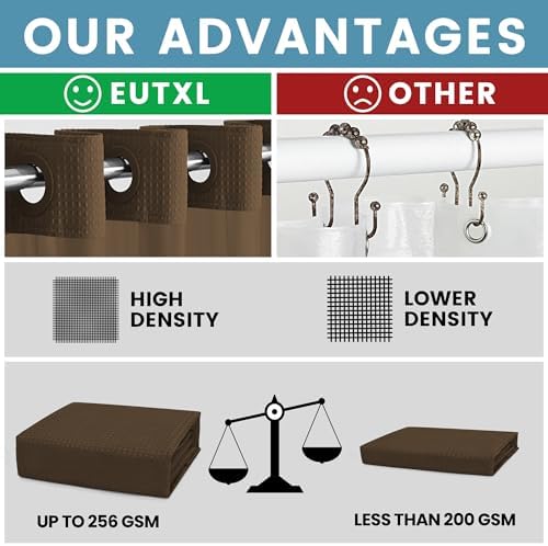 EUTXL Heavyweight Waffle No Hook Shower Curtain with Liner, Brown, 71x74