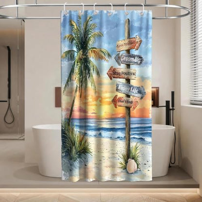 Beach Tropical Coastal Shower Curtain Luxury Aesthetic Palm Tree Summer Sun