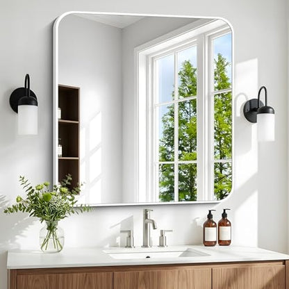 BONEWEI White Bathroom Mirror,24x24 inch Wall Mirror for Bathroom Wall Mounted,Rectangle Mirror for Bathroom Over Sink,Modern Frame Round Corner for Living Room,Bedroom Entryway,Horizontal/Vertical